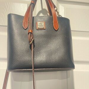Dooney & Bourke Black Pebble Leather Satchel with Brown Trim